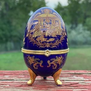Vintage Limoges Style Porcelain Cobalt Trinket Egg